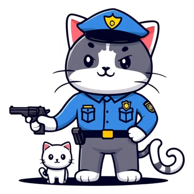 a police officer standing next to a mischievous cat holding a toy gun sticker