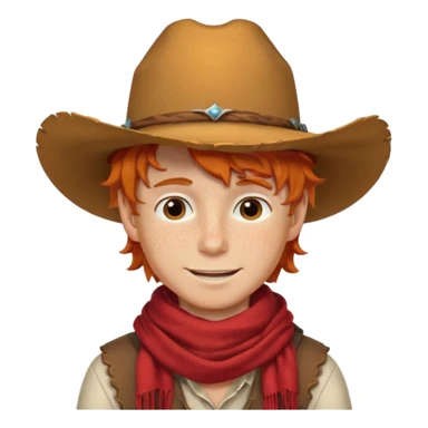 a wavy orange hair boy wearing a cowboy hat with a mischievous grin and freckles with western red scarf on his neck sticker