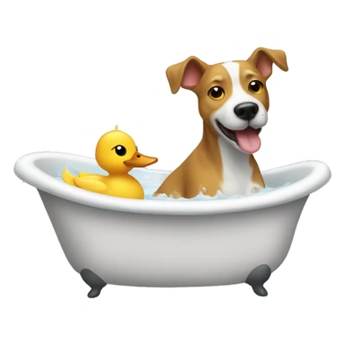 a dog taking a bath with a duckling sticker