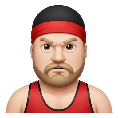 Close-up of very fat white skin guy with young face, beard and mustache, no muscle with prominent black durag, black eyes in a red and black wrestling singlet with angry face sticker