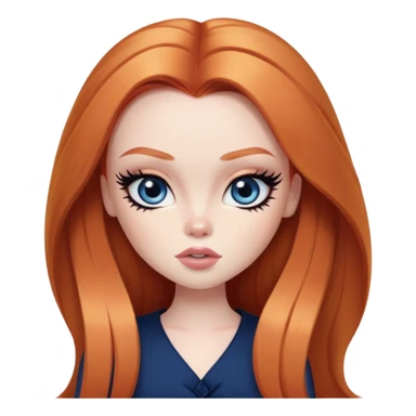 straight long ginger hair, pale skin, dark blue eyes, pretty bratz baddie, black eyeliner, blush sticker