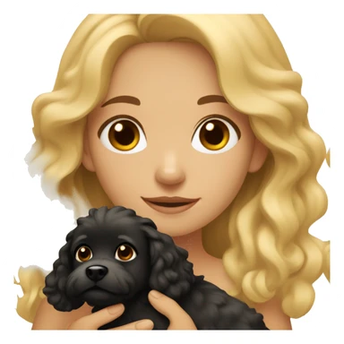 A girl with blonde wavy hair and brown eyes holding a small black fluffy dog sticker