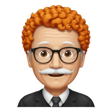 An elderly man with curly orange hair, brown eyes, black glasses, and a white mustache, wearing a gentle smile. sticker