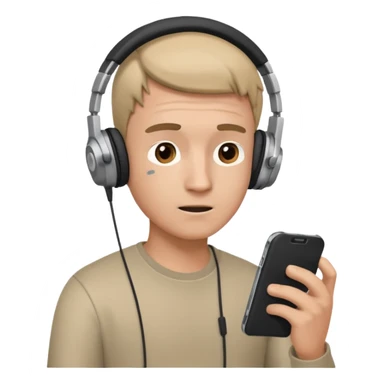 confused guy headphones on and with phone in hand turned to left quaterly sticker