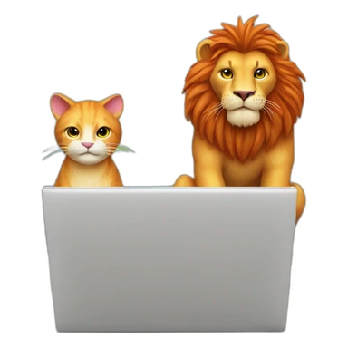 crazy rainbow lion sitting behind a computer coding with an evil ginger cat standing behind him sticker