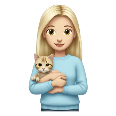 Blond shoulder lenght hair girl in a baby blue sweater holding a tabby cat with with paws and face sticker