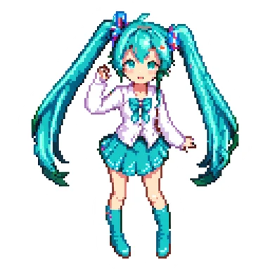 Hatsune Miku pixel art style, turquoise twin tails, simple outfit, singing sticker