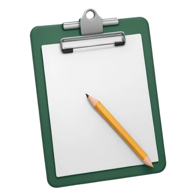white sheet of paper with dark green clipboard and pencil on the side, iOS emoji style, minimalism sticker