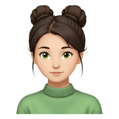 a girl with long dark brown hair with high disheveled bun in light green sweater, a slight smile, brown eyes sticker