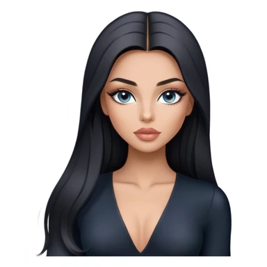 Glamours, tanned, very beautiful girl, with big pump peach-beige-rose lips, long long lashes, black straight smooth silky long hair, straight parting hair, blue-grey eyes in black long-sleeves v-neck bodysuit sticker