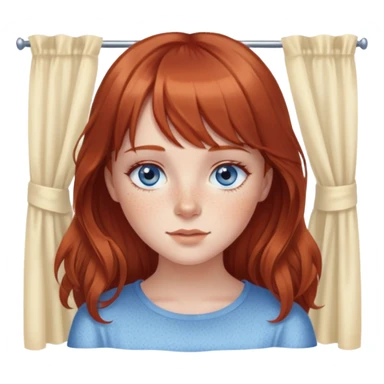 Brown red hair girl with eyelashes and blue eyes and freckles with a small nose and flowy hair with curtain bangs  sticker