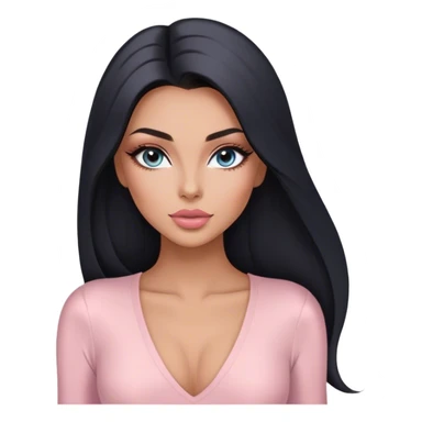 Glamours, tanned, very beautiful girl, with big pump peach-beige-rose lips, long long lashes, black straight smooth silky long hair, straight parting hair, blue-grey eyes in light pink long-sleeves v-neck bodysuit sticker