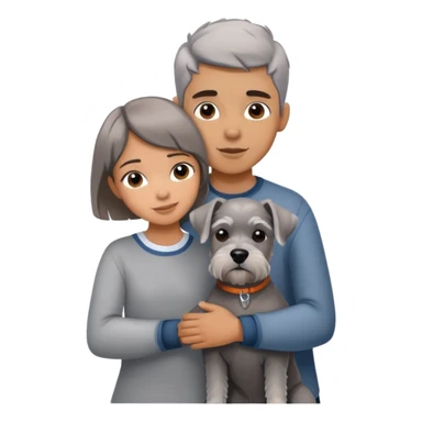a boy and a shorthair girl hug a grey Schnauzer sticker