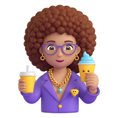 3D emoji of a character with a high curly afro, flashy 'samu' diamond chain, holding a cup of lean and a joint sticker
