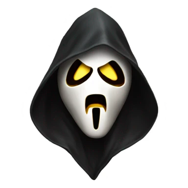 “Apple emoji of Ghostface: white mask with a screaming expression, dark eyes, and a black hooded cloak.” sticker