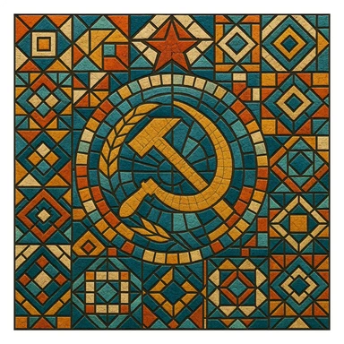 Soviet mosaic pattern in the style of Kerama Marazzi ceramic tiles, intricate geometric shapes, vibrant colors sticker