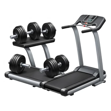 A treadmill set behind Two heavy dumbbells side by side on the floor  sticker