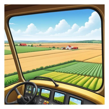 a view from the tractor cabin, with the dashboard in focus, overlooking a vibrant rural landscape. Inspired by Farming Simulator 22, the scene includes fields, crops, and distant barns under a bright sky. The design highlights the immersive experience of farm management. transparent background sticker