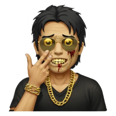 cabelo liso desordenado negro homen con aparencia de zombi y que haga un gesto mostrando los dientes de oro que se agarre la boca con la mano y que sea color piel, ponle unas gafas brasileñas, una camisa negra y que tenga cadenas de oro sticker