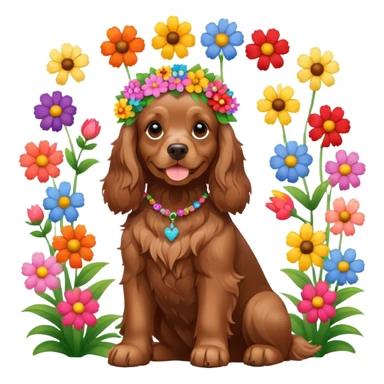 Full body shot of a brown cocker spaniel sitting happily with lots of flowers on his head sticker