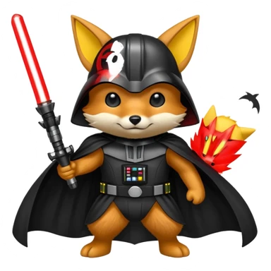 A fox wearing a darth vader Costume with pikachu sticker