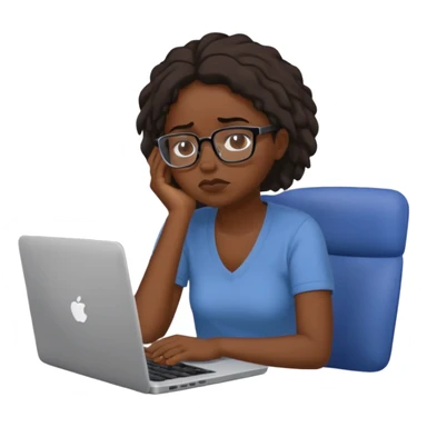 Create an emoji of a tired girl of african american descent, sitting at a laptop, looking exhausted and frustrated. They have slouched posture, representing overwork and burnout. sticker
