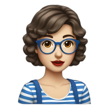 caucasian woman with retro glasses, dark brown hair, bangs, red lipstick, blue and white striped t shirt sticker