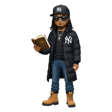 African American man with shoulder length black dreadlocks and black sunglasses wearing a black New York Yankees baseball hat with a North Face brand bubble winter coat with denim skinny jeans and timberland boots walk holding a holy bible in hand sticker