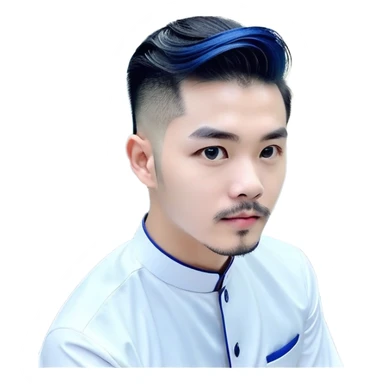 Nam 15 tuổi, da trắng, tóc under cut màu xanh lá cây ( vuốt ngược ra sau ), áo khoác da màu cam cổ cao, mặt ngầu, đeo khuyên tai màu bạc sticker