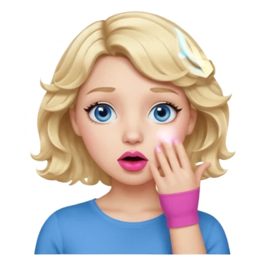 Girl Blonde short wavy hair,  blue eyes, cute blue top, long lashes, pink lips, shocked, hand over the mouth sticker