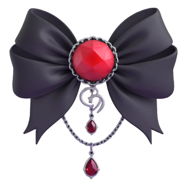 3D emoji gothic bow, black satin with silver chain drape and a blood red gemstone sticker