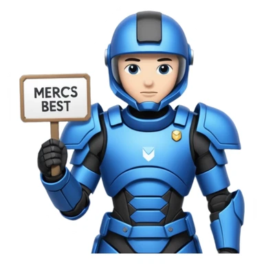 a futeristic scifi soldier in blue and black holding a sign saying Mercs, under this futeristic scifi in blue and black holding a sign is the text we are the best. in gif sticker