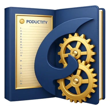 A navy blue book with gold details, metallic edges, and a golden gear with a chart with upward trend on the cover, radiating productivity, strategy, and success in motion- sticker