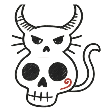 Remove the lollipop from the cat's horn, hand drawn style with expressive linework, no fill, preserve the red spiral on the skull, transparent background. sticker