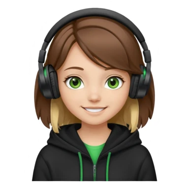 a girl with brown hair blonde ends green and wearing black headphones baggy hoddie she is happy  sticker