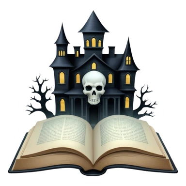 Icon for Horror and Mystery Reading: an open book with eerie, dark pages, a haunted house silhouette, a ghostly figure, and a skull. The icon should capture the suspense, fear, and mystery of horror and supernatural stories. Transparent background. sticker