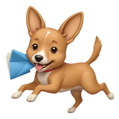 joyful emoji dog sprinting with a paper resume in its mouth, ears flapping, bright and playful sticker
