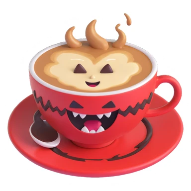 a cappuccino cup with fangs and an evil grin, dark coffee swirling inside sticker