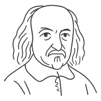 a hand drawn black outline portrait of philosopher Thomas Hobbes with similar-sized eyes based a famous portrait of him sticker