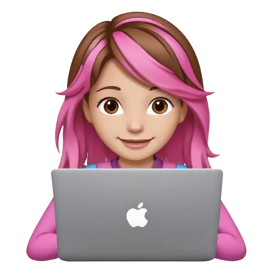 Make an apple emoji of a girl with brown hair that has pink strands of hair with her face behind a laptop screen facing her. sticker