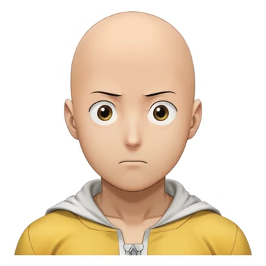 Saitama with blank face from One Punch Man, plain expression, bald head, simple round eyes, yellow hero suit, comical anime look sticker