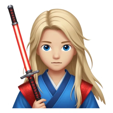 A 14 year old with red glowing katana and his hair be long and eye colour of blue  sticker