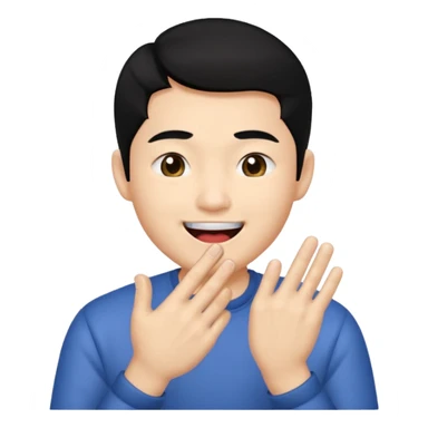 Asia guy black hair side part rubbing hand together and smirking with tongue out on the side sticker