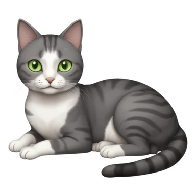 full body tiny short hair dark grey and white cat with white front legs and green eyes lying down sticker