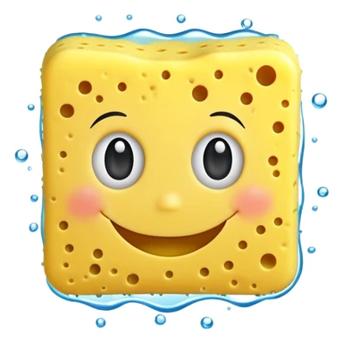 A happy yellow cleaning sponge with a smiling face sticker