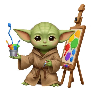 Baby Yoda in his brown robe listening music on his headphones, painting a picture on an easel and surrounded by paint pots. sticker