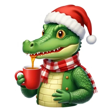 Fun crocodile wearing a winter hat and scarf, holding a warm mug of Bombardino drink sticker