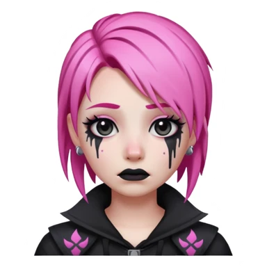 Twitch emoji style crying emoji inspired by Haze skin from Fortnite with signature pink hair, dark makeup, and gothic fashion details sticker