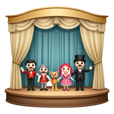 Icon for Puppet Theater: a puppet stage with curtains and marionettes performing on stage. The icon should represent the charm and artistry of puppet theater, with focus on the puppet and the stage setting. Transparent background. sticker