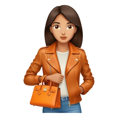 Exotic and tan woman wearing a leather Hermes jacket. She has an orange Hermes Birkin Bag. I want the image to be close up.  sticker